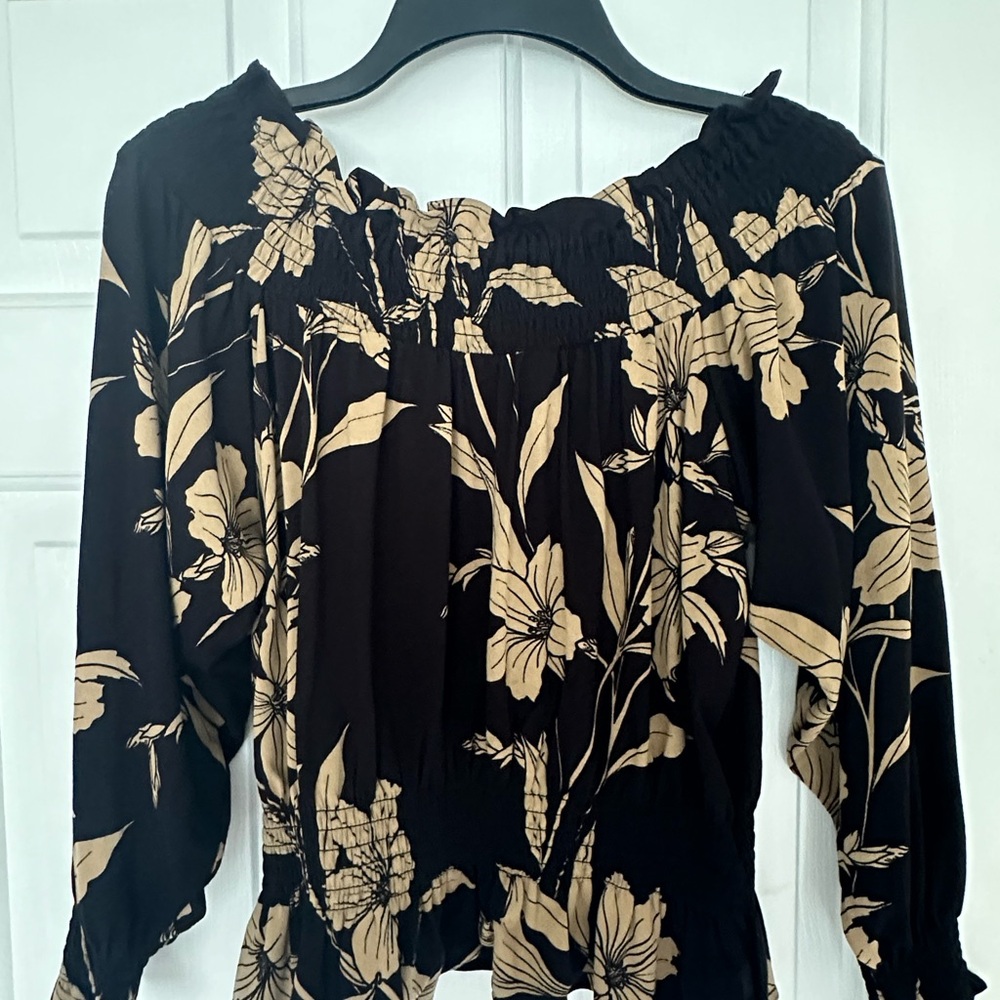 Lauren Ralph Lauren Women Black/Tan Viscose Jersey Off-the-Shoulder Top Size PXS
